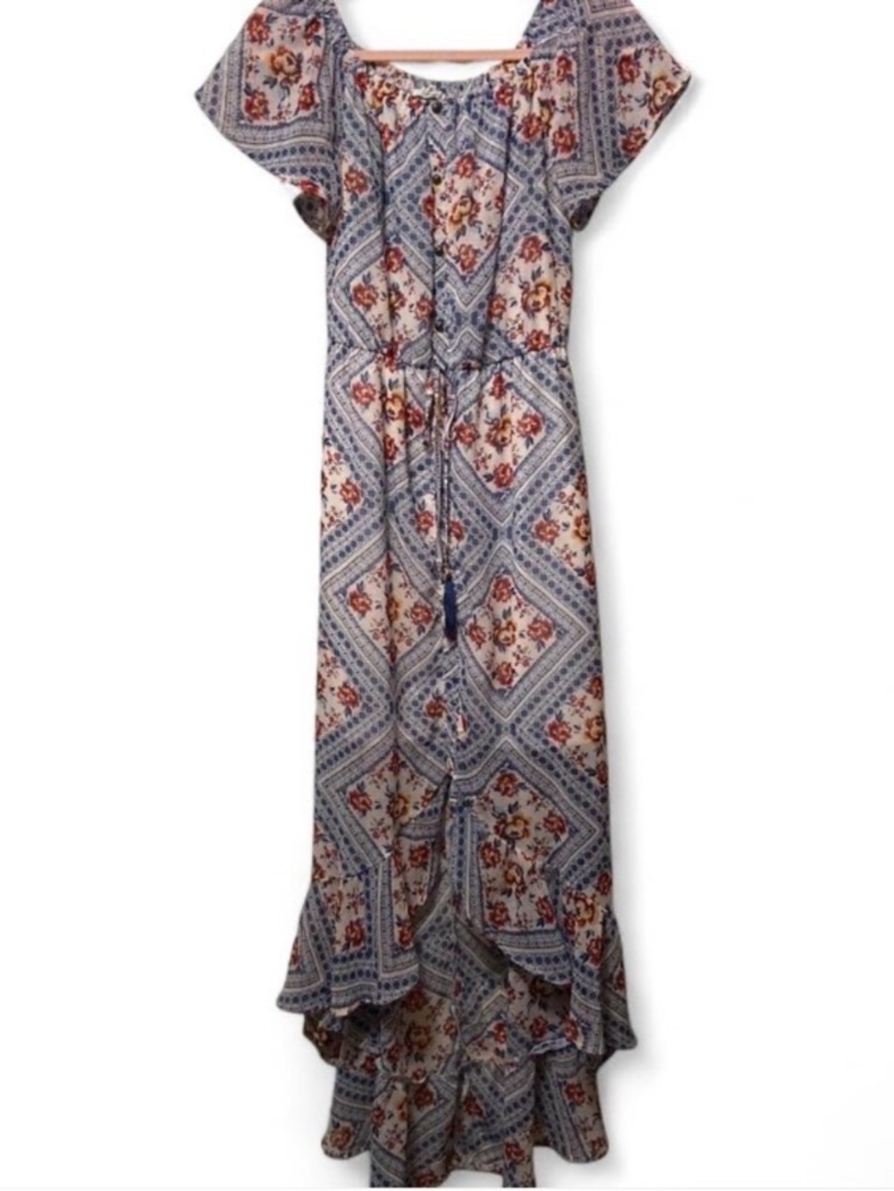 Maurices Blue and White Floral High-Low Maxi Dress